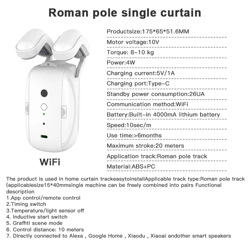Smart Curtain Opener WIFI/BL Smart Curtain Robot Motor Roman Rod Rail Automatic Curtain Electric Curtain Robot Remote Control