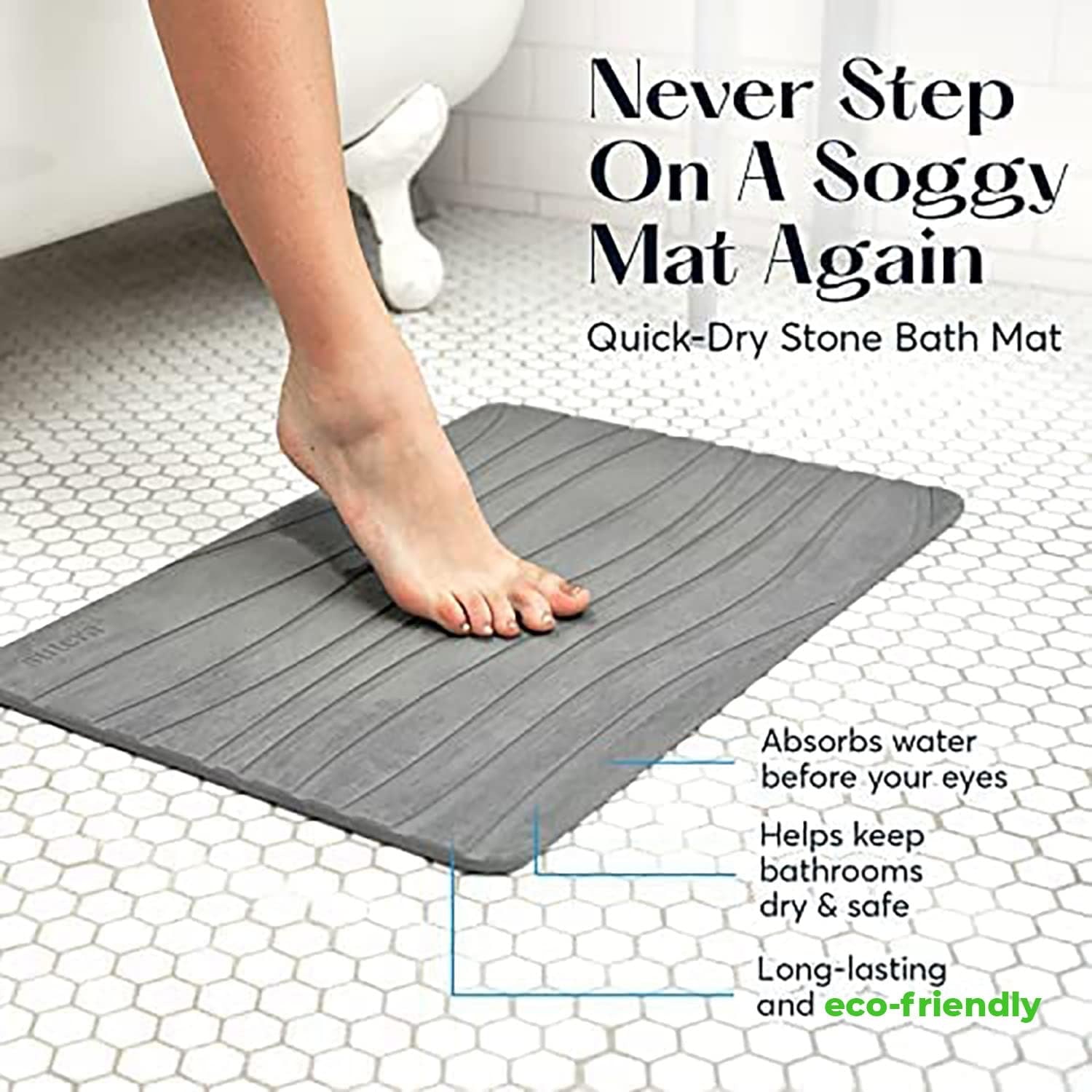 Diatomaceous Stone Bathmat | Ultra-Absorbent, Quick-Drying Bath Mat | Slip-Resistant Surface for Safer Bathrooms | Charcoal Grey Finish | 23.5" X 15" (1 Pack)