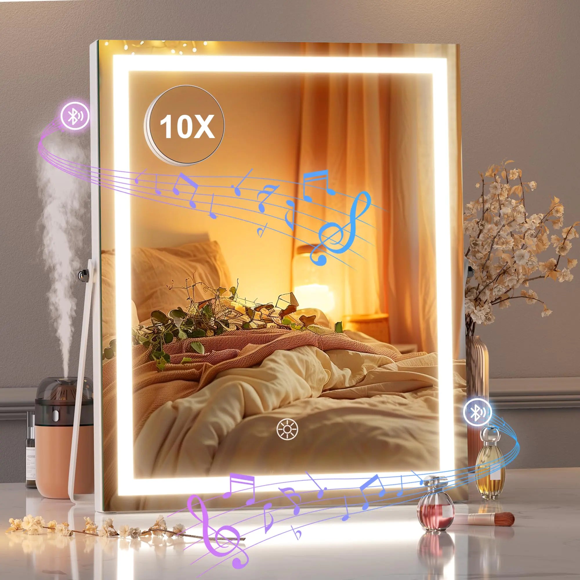 Hasipu Luxury LED Makeup Mirror with Bluetooth & 10x Magnification – White
