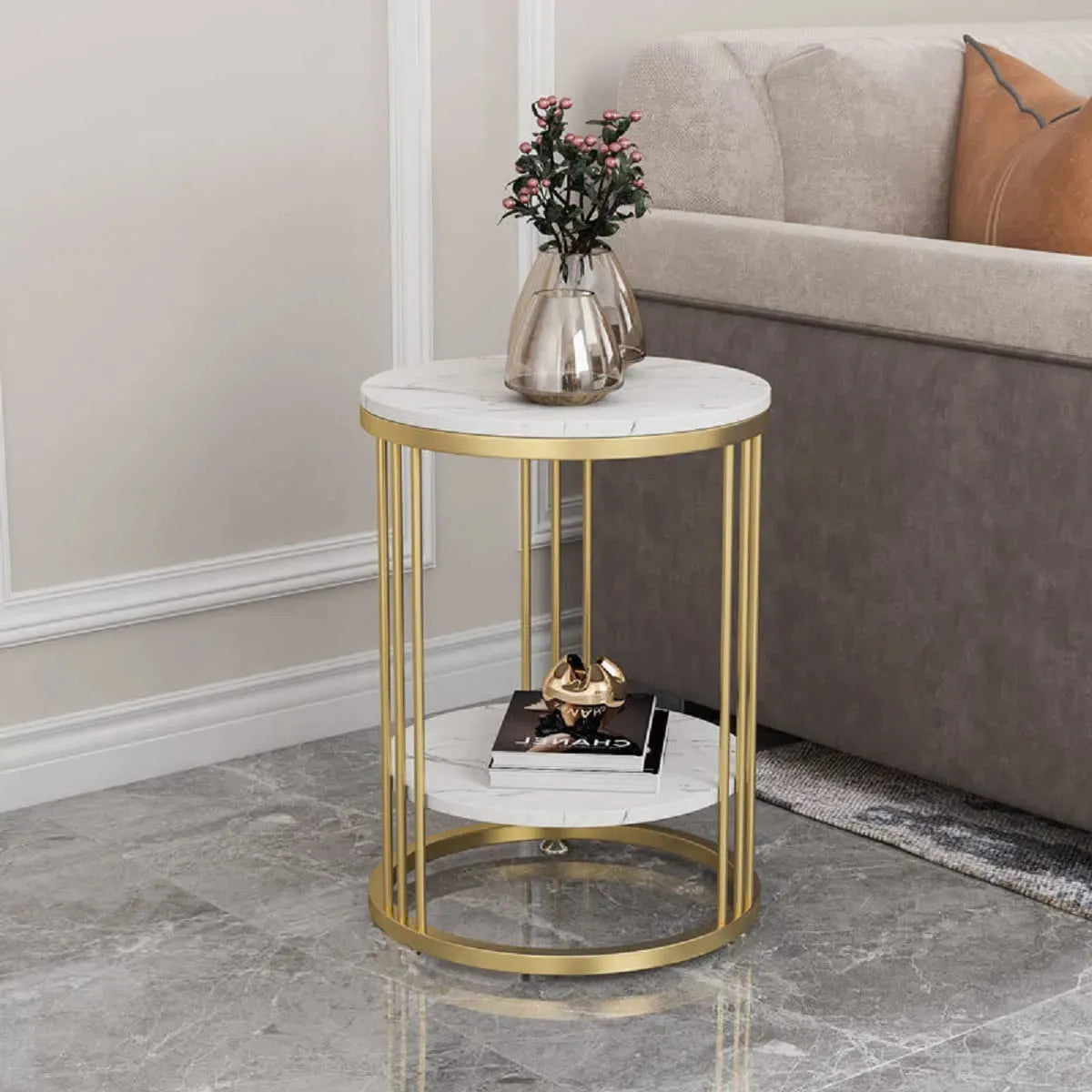 Round Marble Accent Table - Gold Frame, 2-Tier Nightstand-1