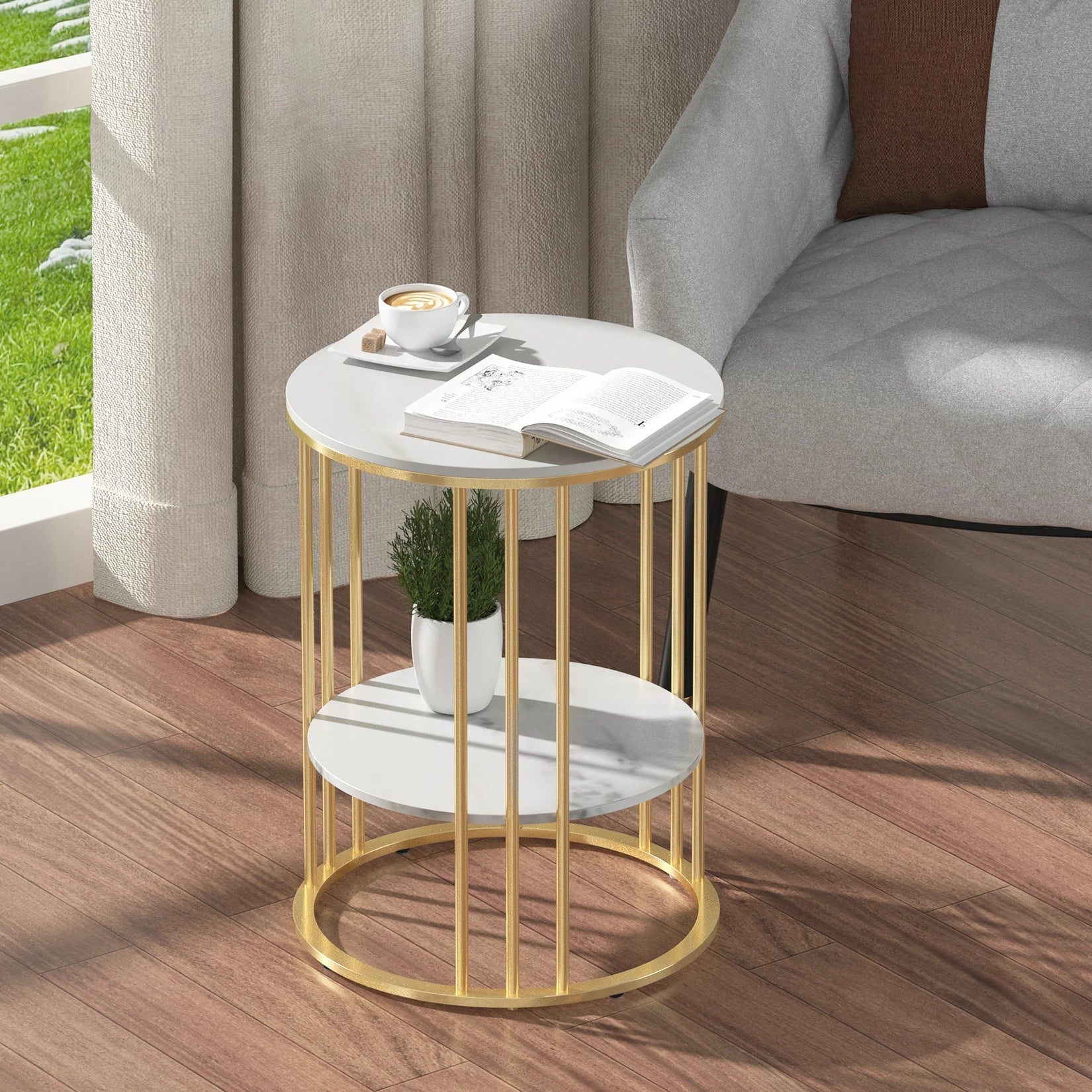 Round Marble Accent Table - Gold Frame, 2-Tier Nightstand-4
