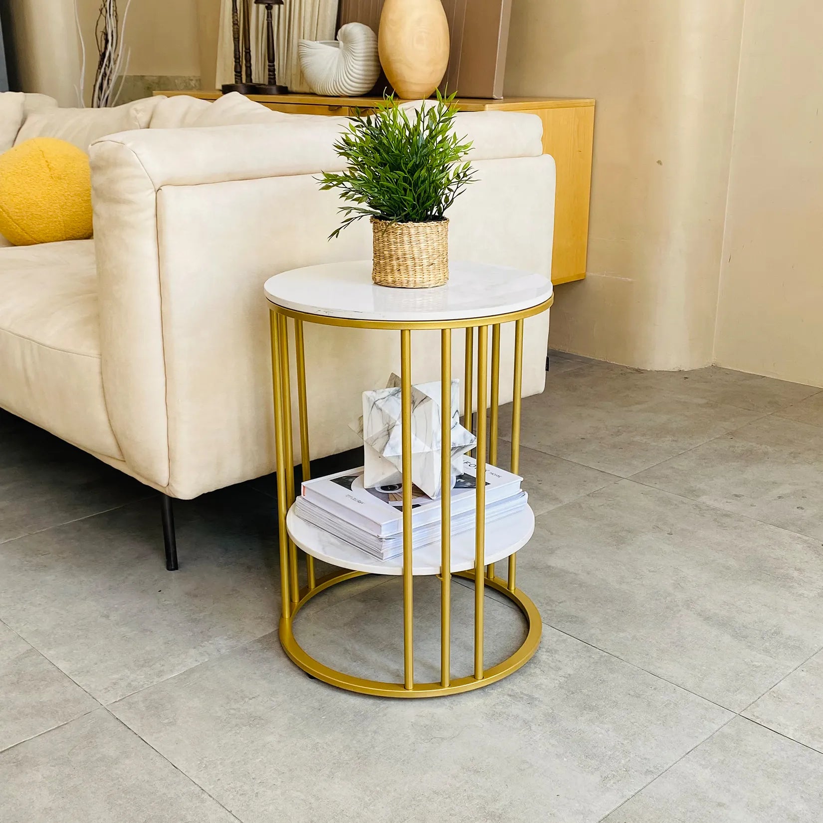 Round Marble Accent Table - Gold Frame, 2-Tier Nightstand-2
