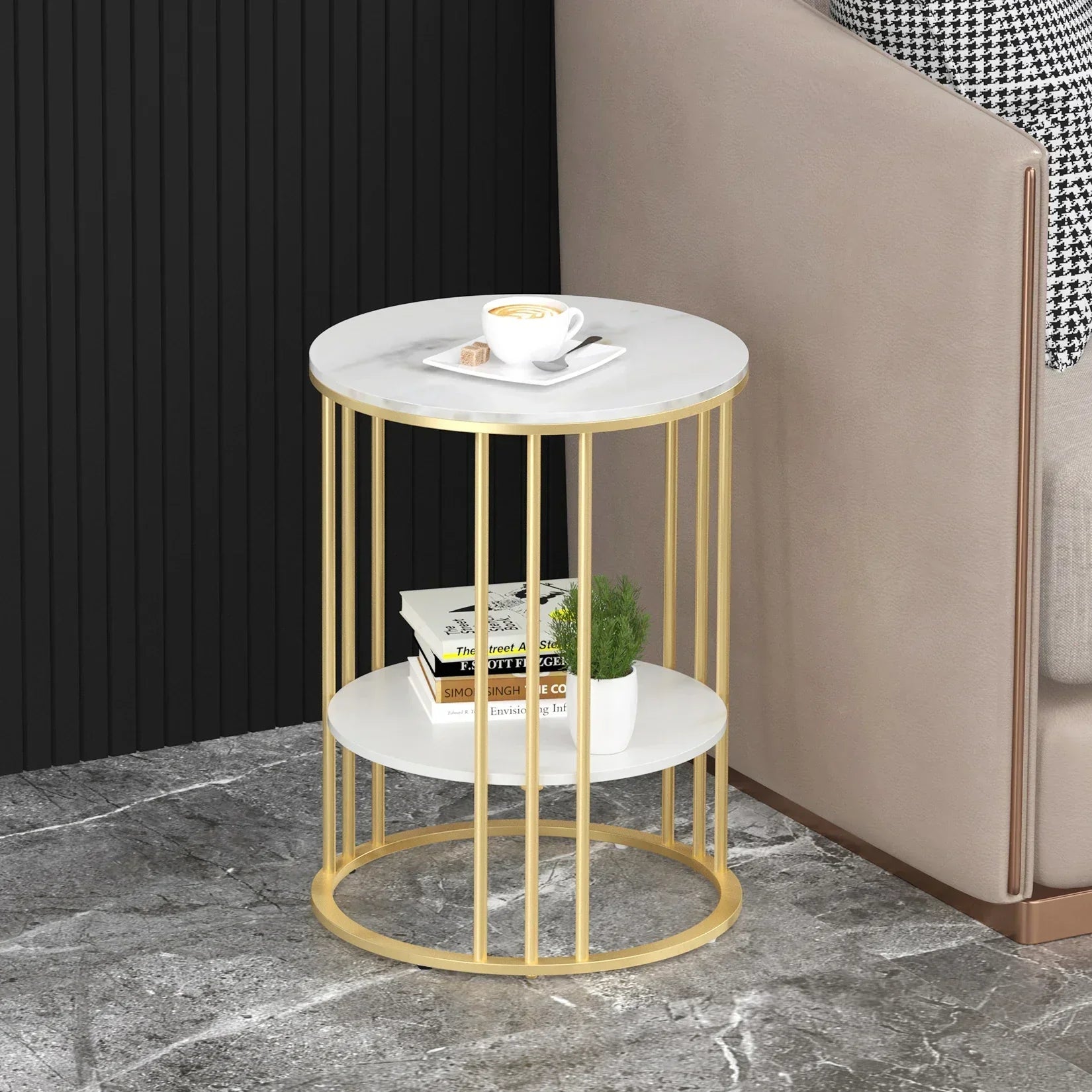Round Marble Accent Table - Gold Frame, 2-Tier Nightstand-3