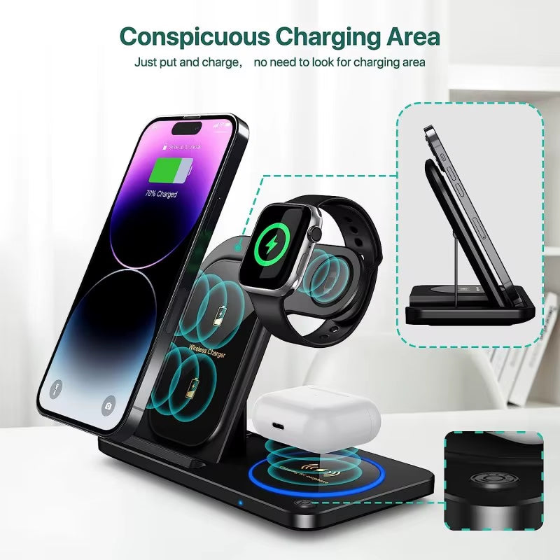 Outdoor CE FCC Portable Wireless Charger Station Multifunction 15Wdesktop Charging Station 3 in 1 Wireless Charger Stand
