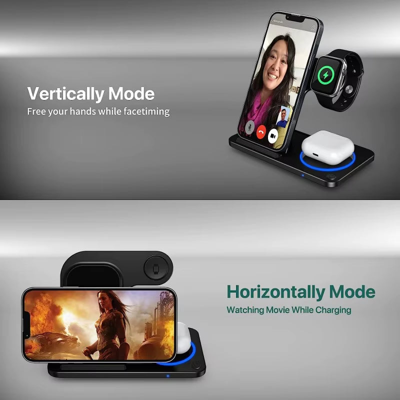 Outdoor CE FCC Portable Wireless Charger Station Multifunction 15Wdesktop Charging Station 3 in 1 Wireless Charger Stand