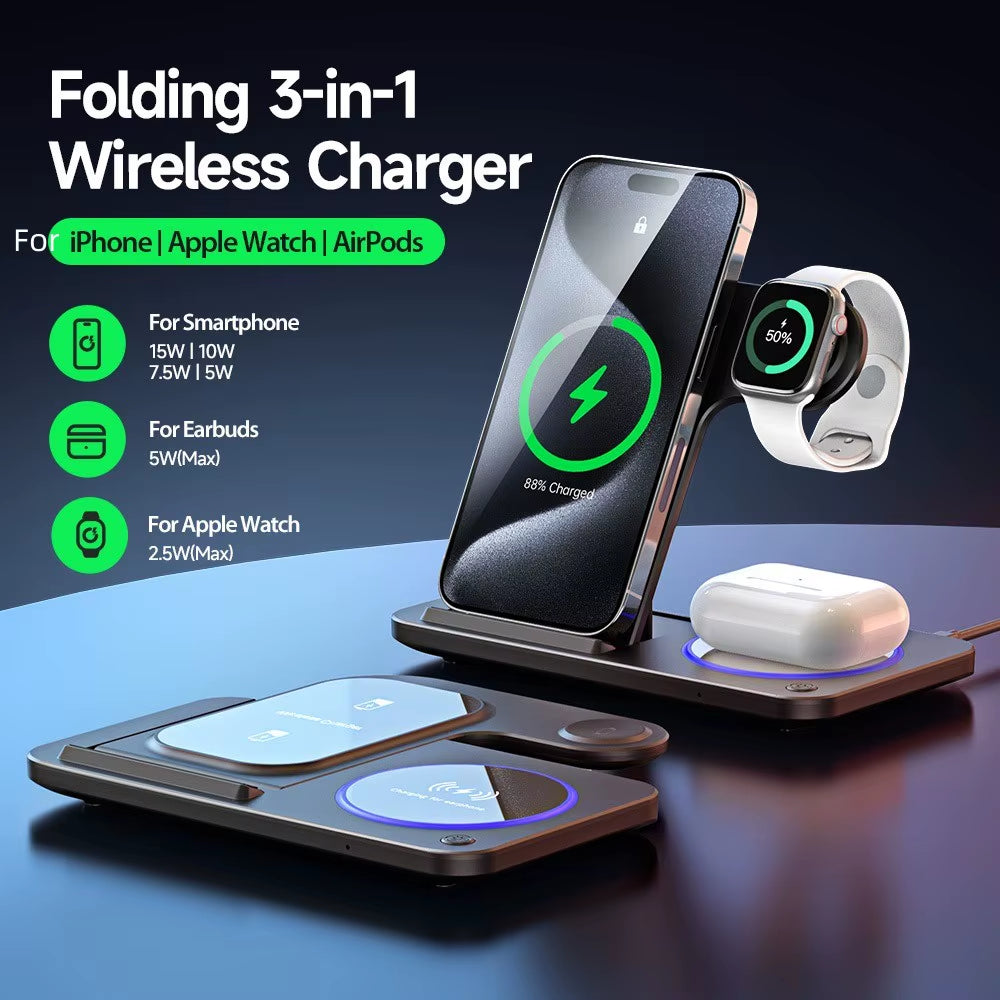 Outdoor CE FCC Portable Wireless Charger Station Multifunction 15Wdesktop Charging Station 3 in 1 Wireless Charger Stand