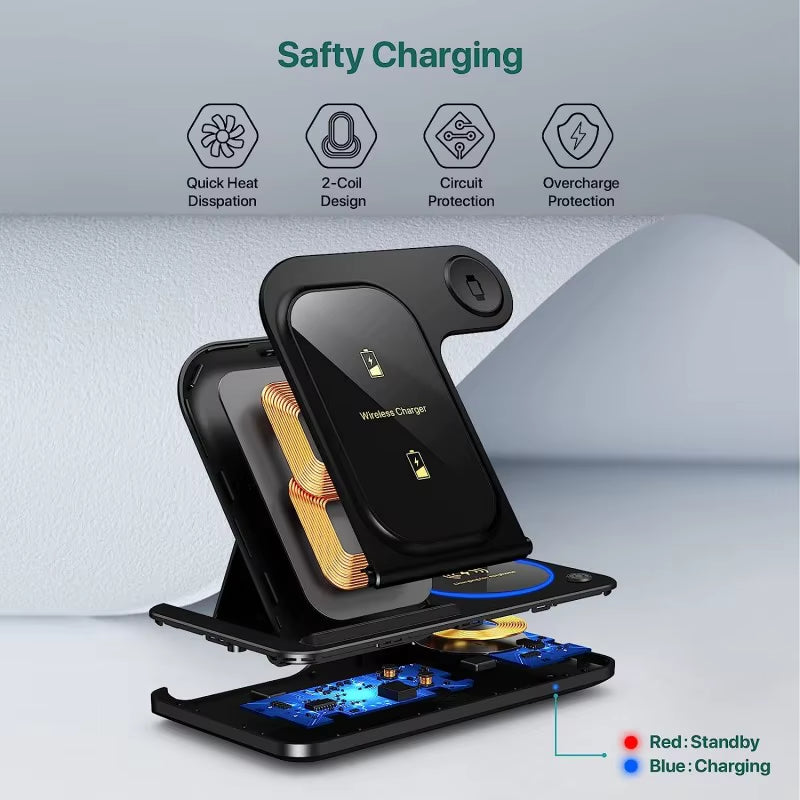 Outdoor CE FCC Portable Wireless Charger Station Multifunction 15Wdesktop Charging Station 3 in 1 Wireless Charger Stand