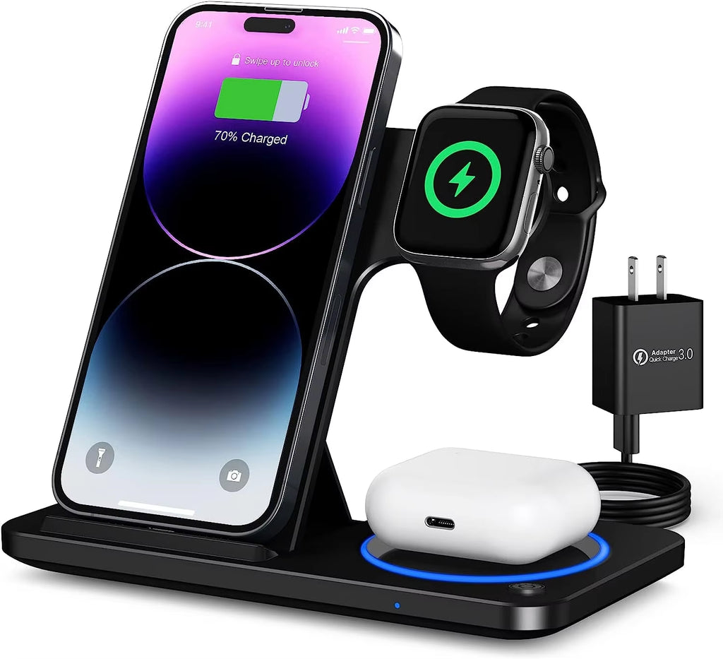 Outdoor CE FCC Portable Wireless Charger Station Multifunction 15Wdesktop Charging Station 3 in 1 Wireless Charger Stand